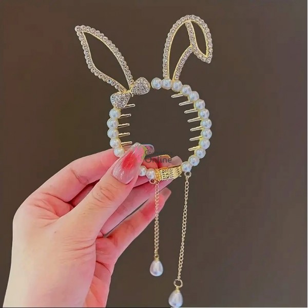 Accesoriu tip banana pentru prins parul din metal PZS050EE - Auriu cu cristale si perle Iepuras
